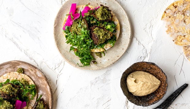 Falafel, pickles, tabouli & hummus on CORN THINS for lunch