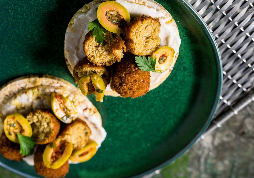 Garlic Dip, Olives & Falafel on CORN THINS slices