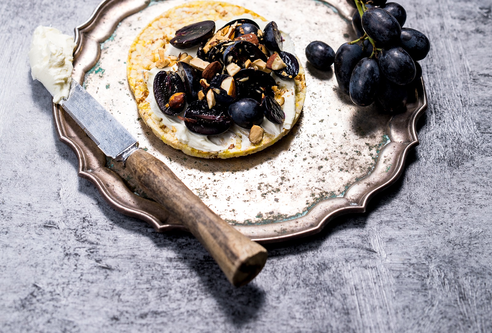 Labne, Black Grapes & Almonds on CORN THINS slices