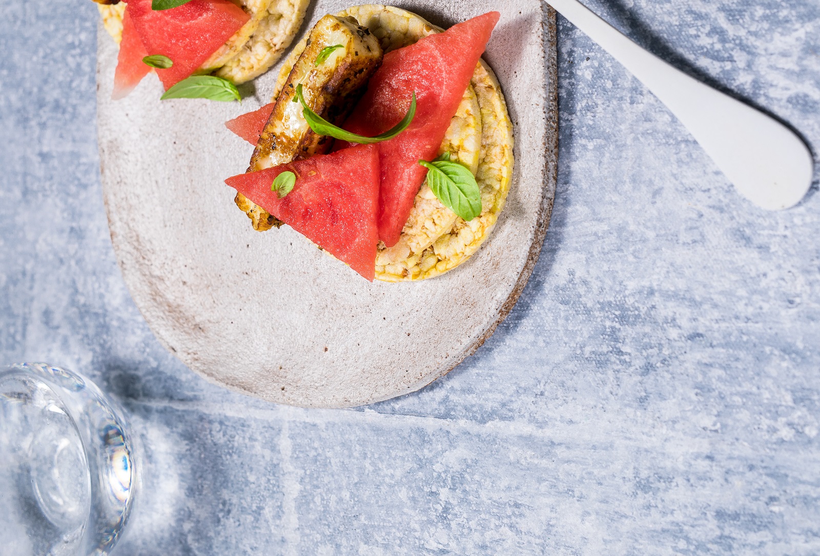 Watermelon, Haloumi & Basil on CORN THINS slices