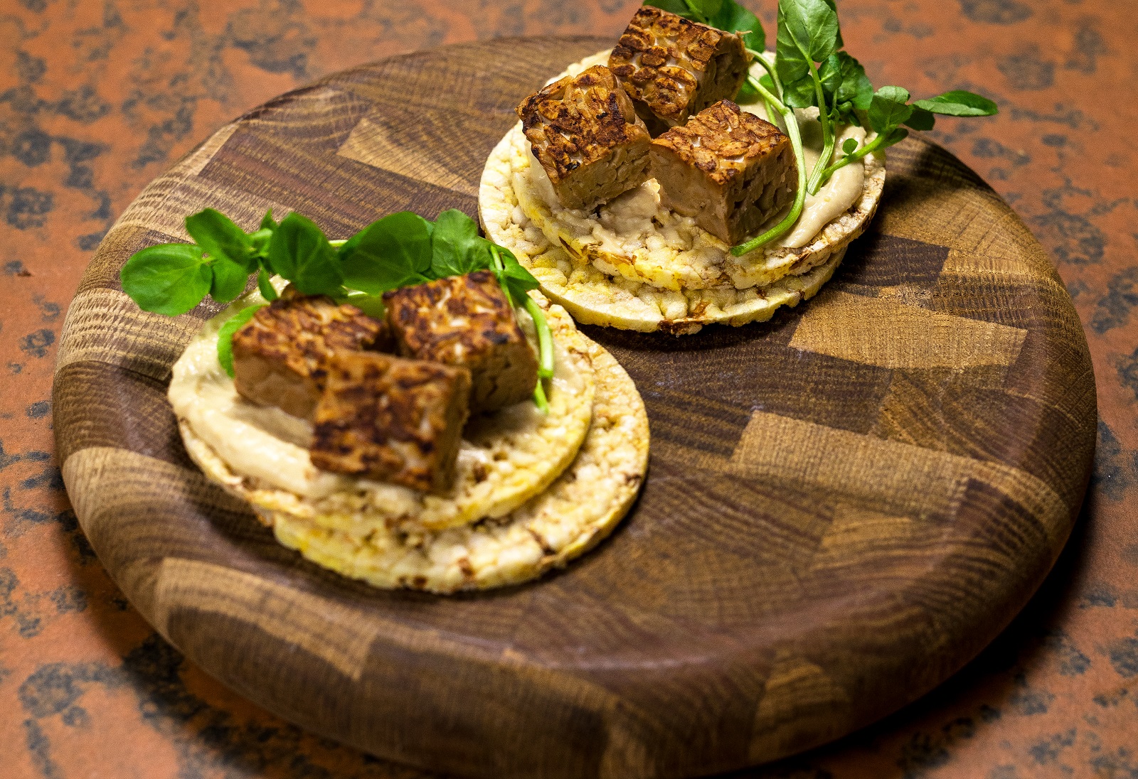 Hommus, Tempeh & Watercress on CORN THINS slices