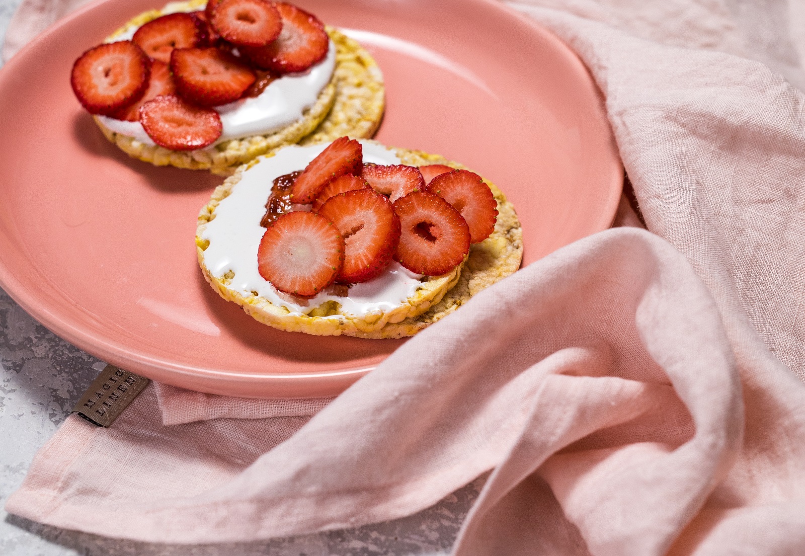 Sweet snack of marshmallow spread & strawberries on CORN THINS slices