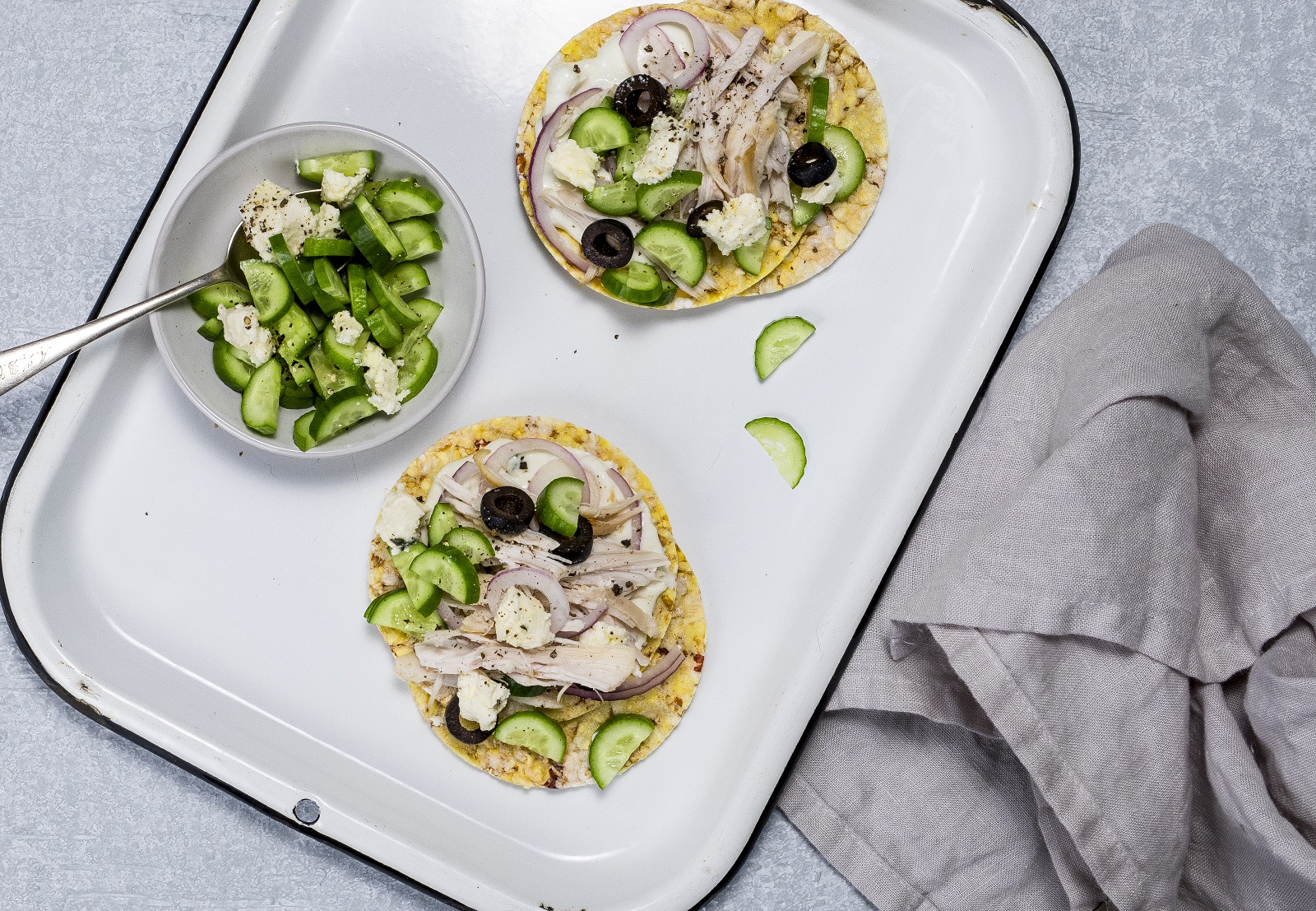 BBQ chicken, Tsatziki, Cucumber, Red Onion, Feta & Olives on CORN THINS slices