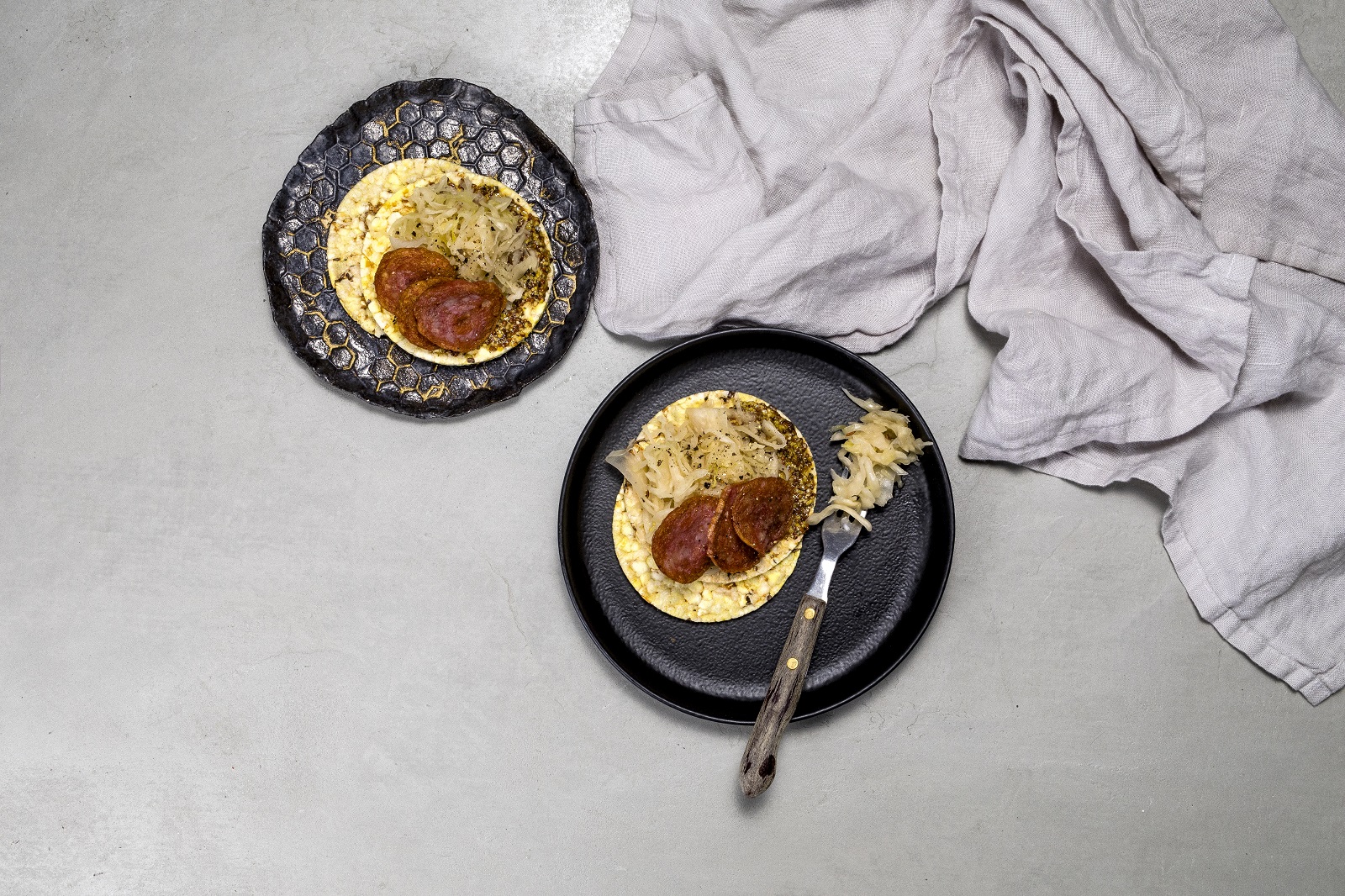 Polish Sausage, Sauerkraut & Mustard on CORN THINS slices