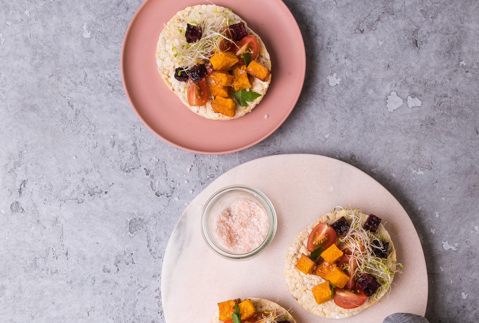 Roast Pumpkin, Roast Beetroot, Cherry Tomatoes & Alfalfaon Corn Thins slices