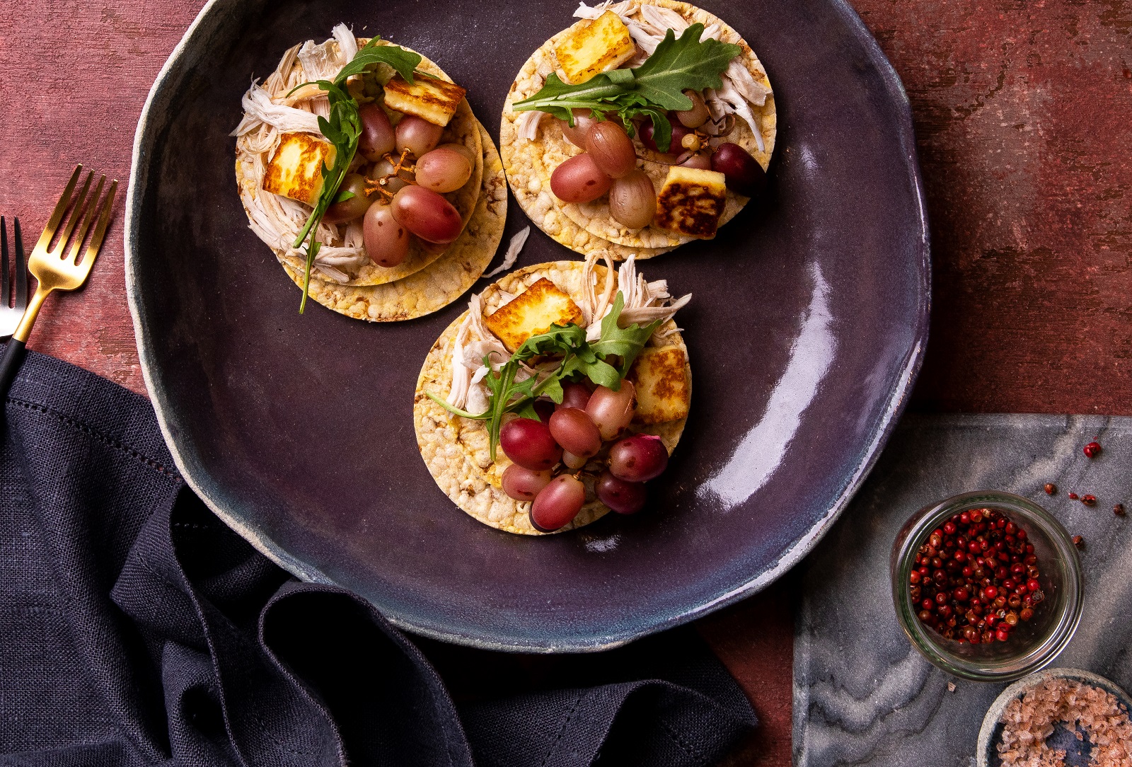 Roast Chicken, Grapes & Haloumi on Corn Thins slices for dinner