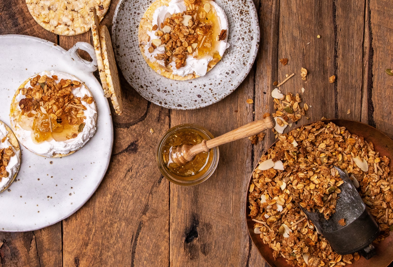 Coconut Yogurt, Honey & Granola on CORN THINS slices for Breakfast (vegetarian)