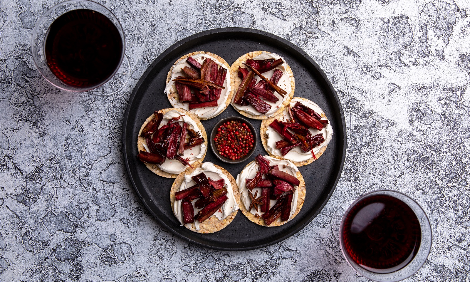 Rhubarb & Mascarpone on CORN THINS slices (vegetarian)