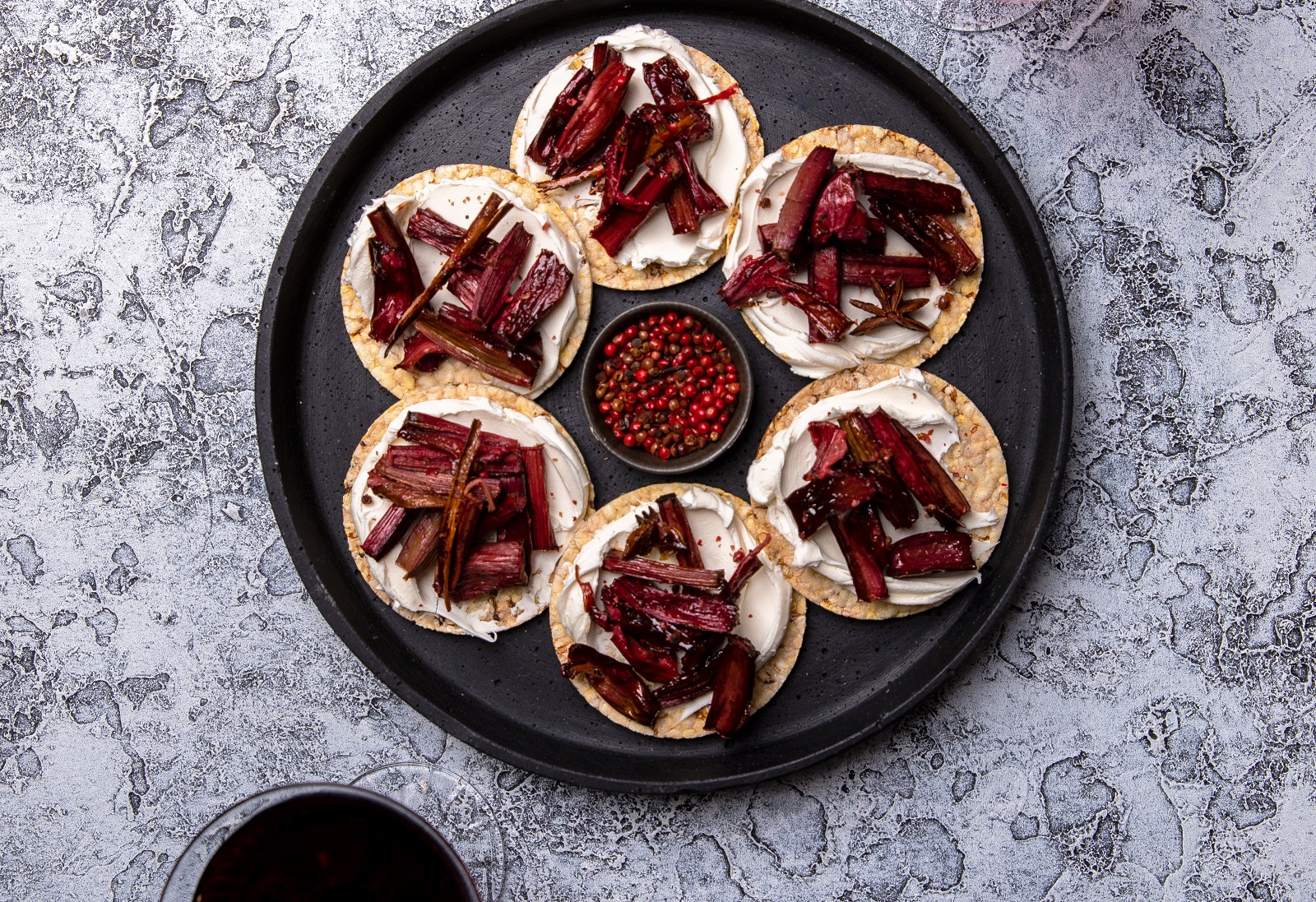 Rhubarb & Mascarpone on CORN THINS slices (vegetarian)