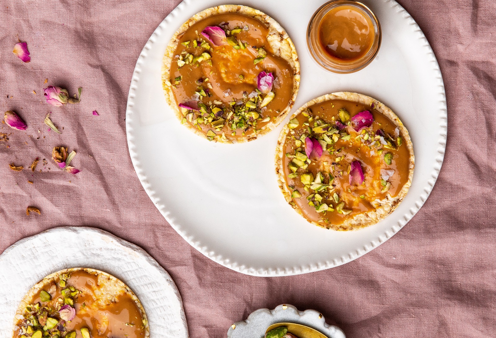 Dulce De Leche, Pistachio & Rose Petals as a snack with CORN THINS, 