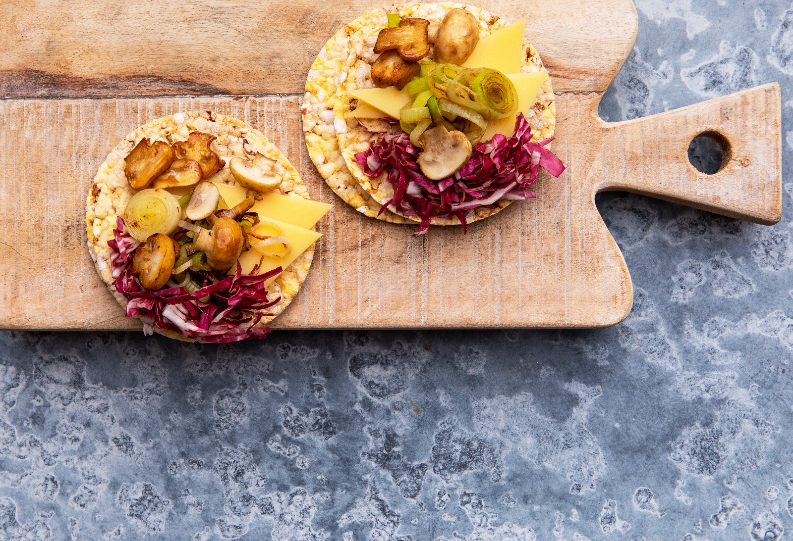 Radicchio, Gruyere Cheese, Grilled Leek & Mushroom on Corn Thins slices for a vegetarian lunch or dinner