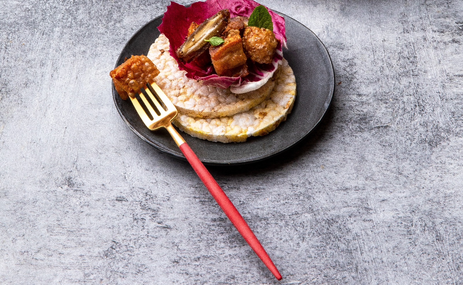 Radicchio, Pork Belly & Medjool Date on Corn Thins slices for lunch