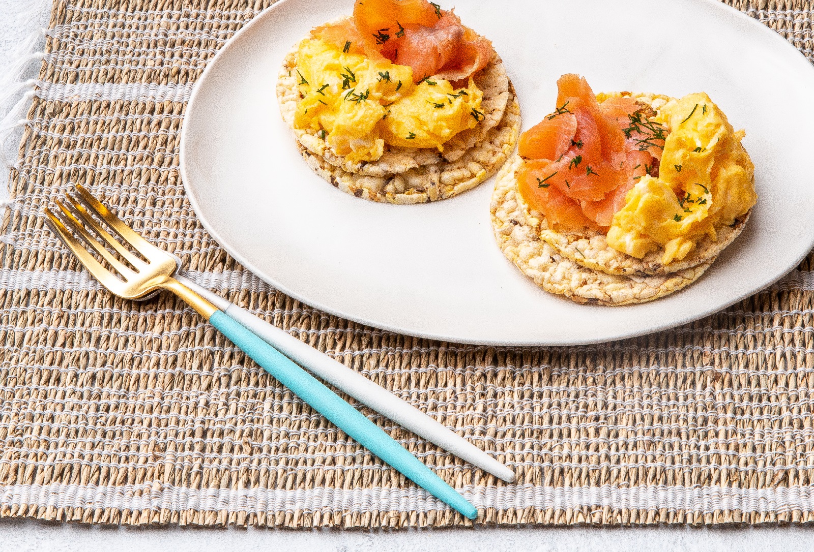 Scrambled Eggs, Smoked Salmon & Dill on Corn Thins slices for a gluten free breakfast