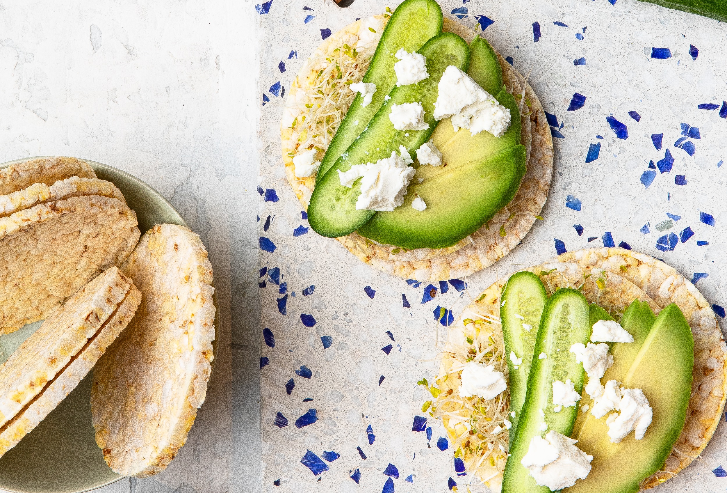 Alfalfa, Cucumber, Avocado & Goats Cheese on Corn Thins slices. Vegetarian & gluten free