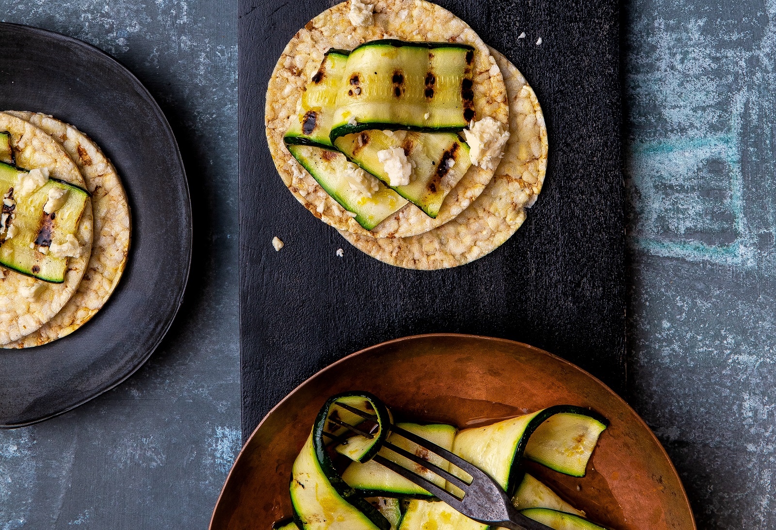 Grilled Zucchini, Lemon Oil & Feta on CORN THINS slices. Vegetarian & Gluten free