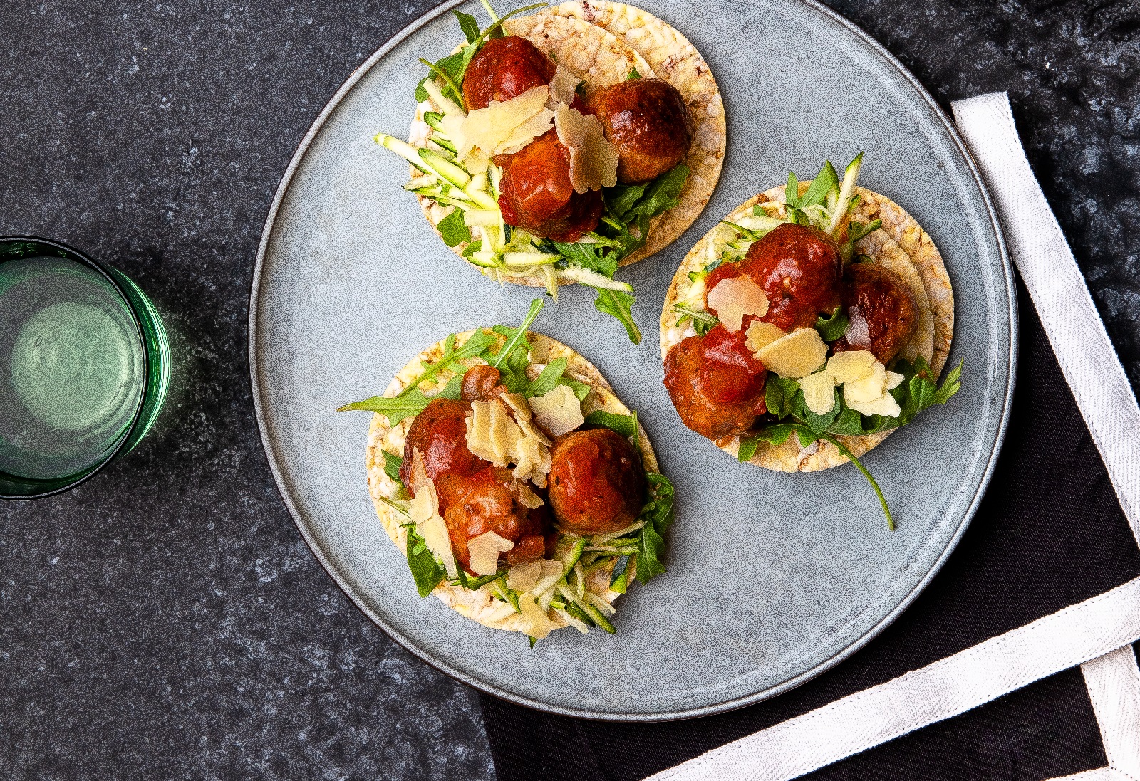 Meatballs, Zucchini, Rocket & Parmesan on Corn Thins slices for dinner