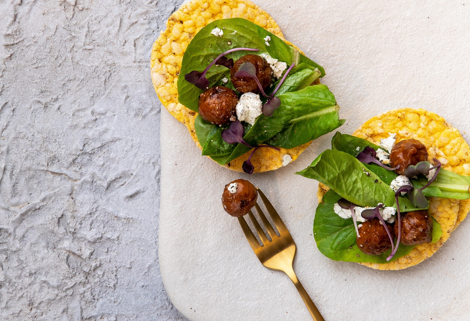 Marinated Baby Fig, Salad & Goats Cheese on CORN THINS slices