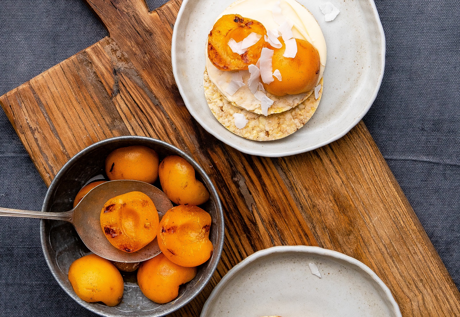 Grilled Apricot, Cream Cheese & Coconut Flakes on Corn Thins slices