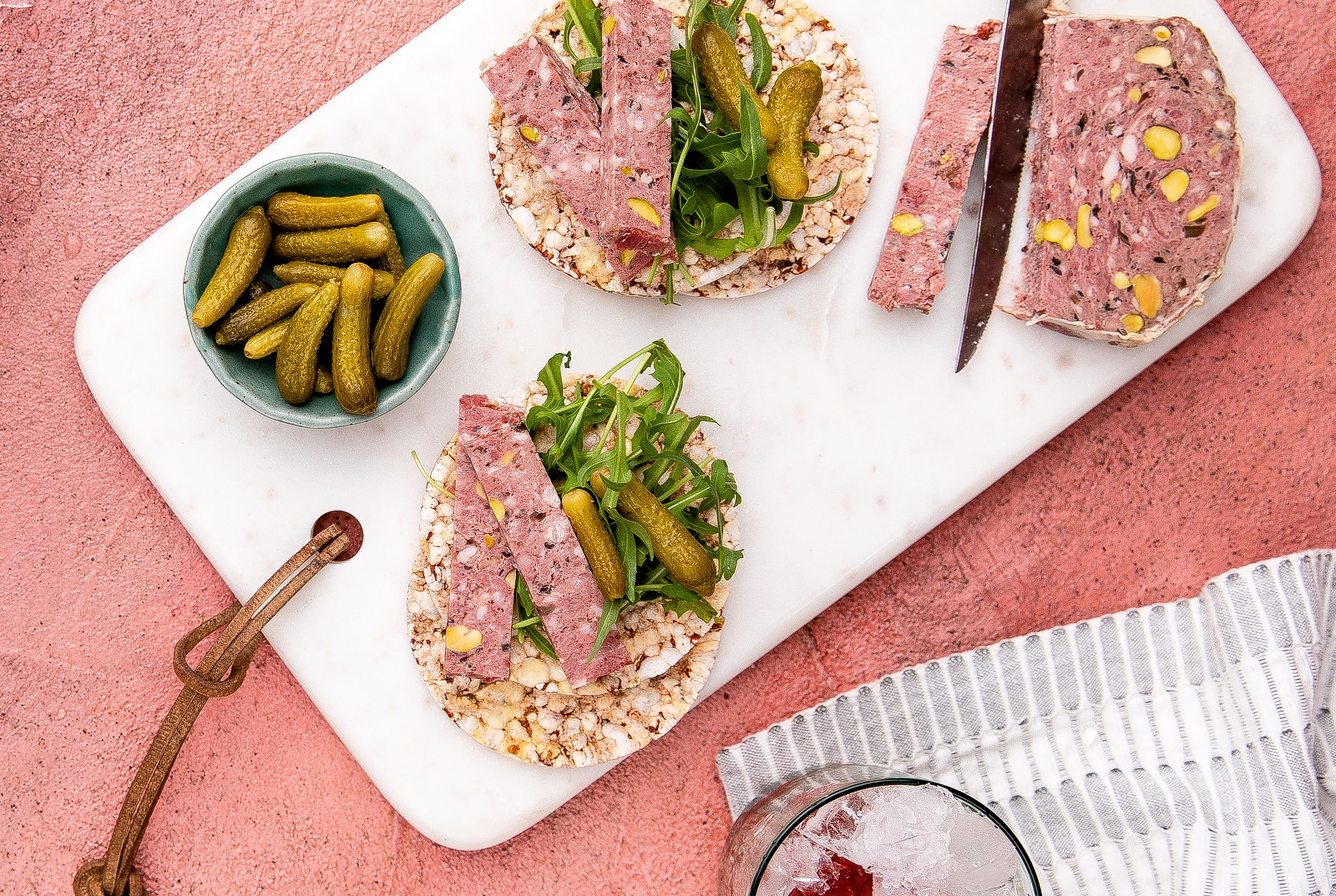 Terrine, Rocket & Cornichons for lunch on Corn Thins slices