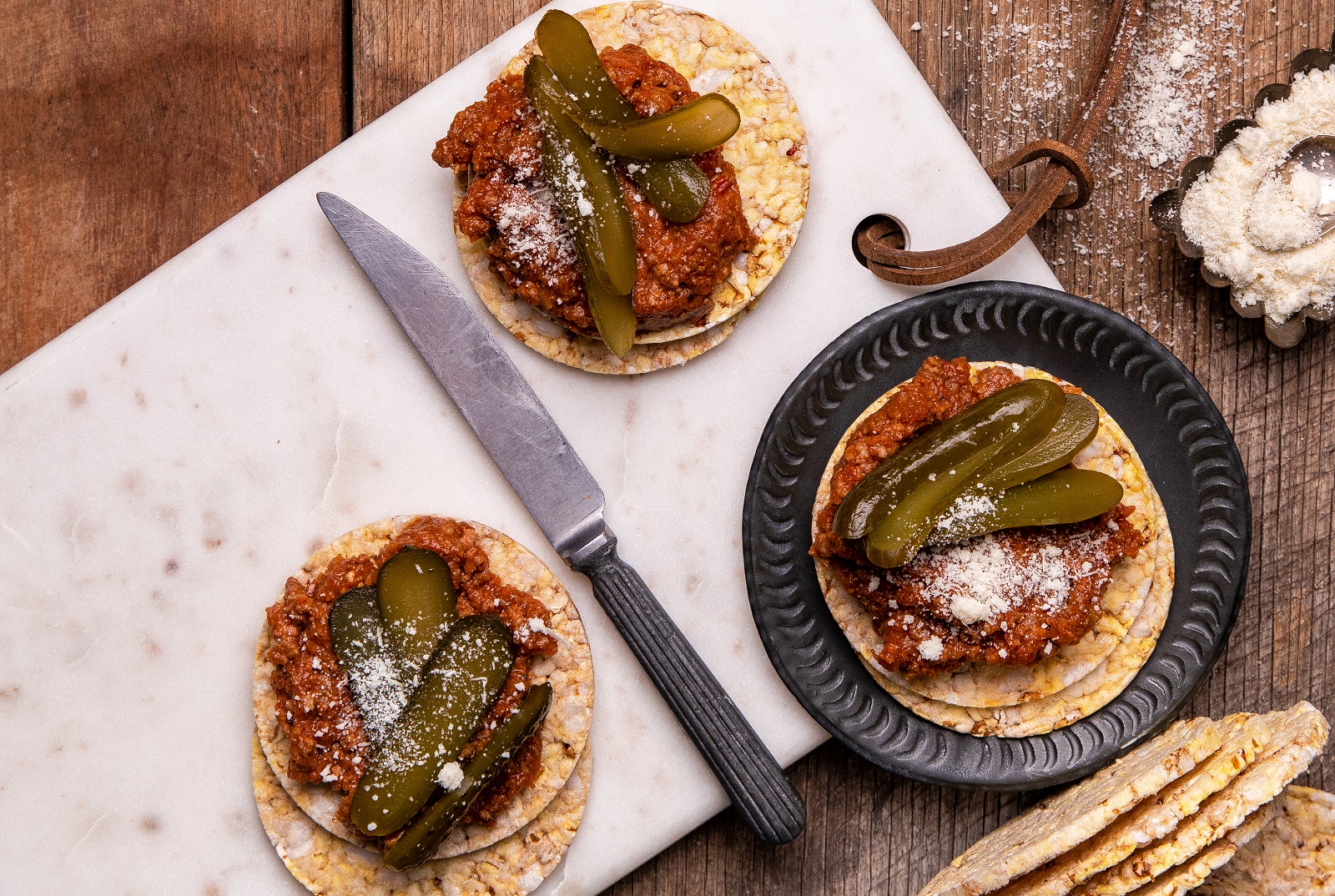 Leftover Bolognese, Gherkin& Parmesan on CORN THINS slices for lunch or dinner