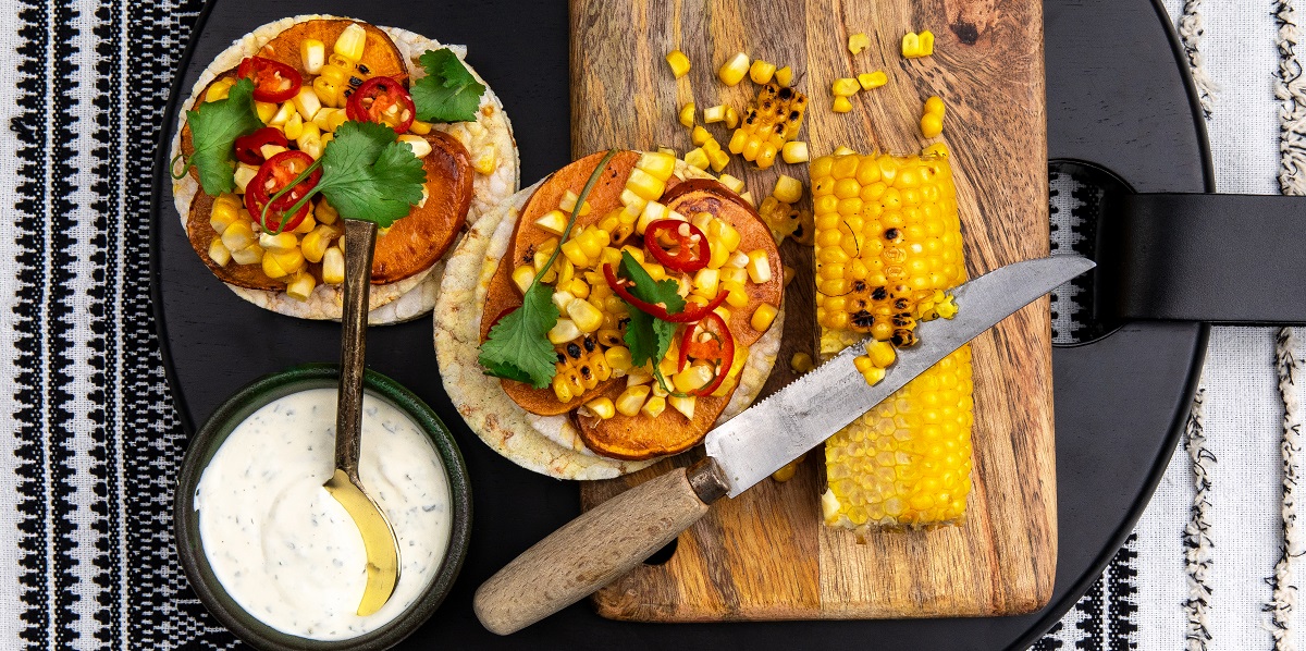 Grilled sweet potato, corn, coriander & ranch dressing on Corn Thins slices