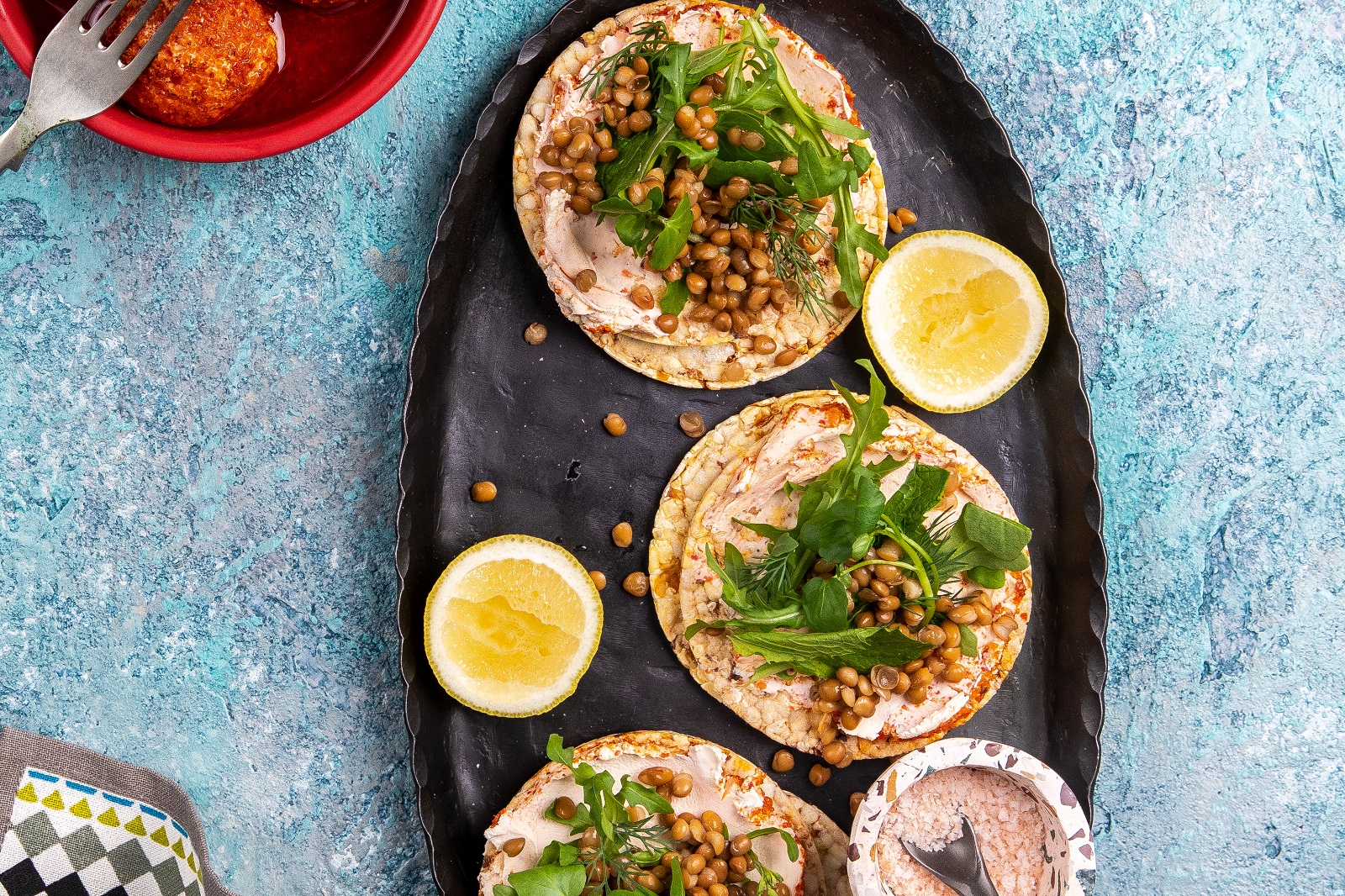 Labne, Lentils, Lemon & Herbs on Corn Thins slices