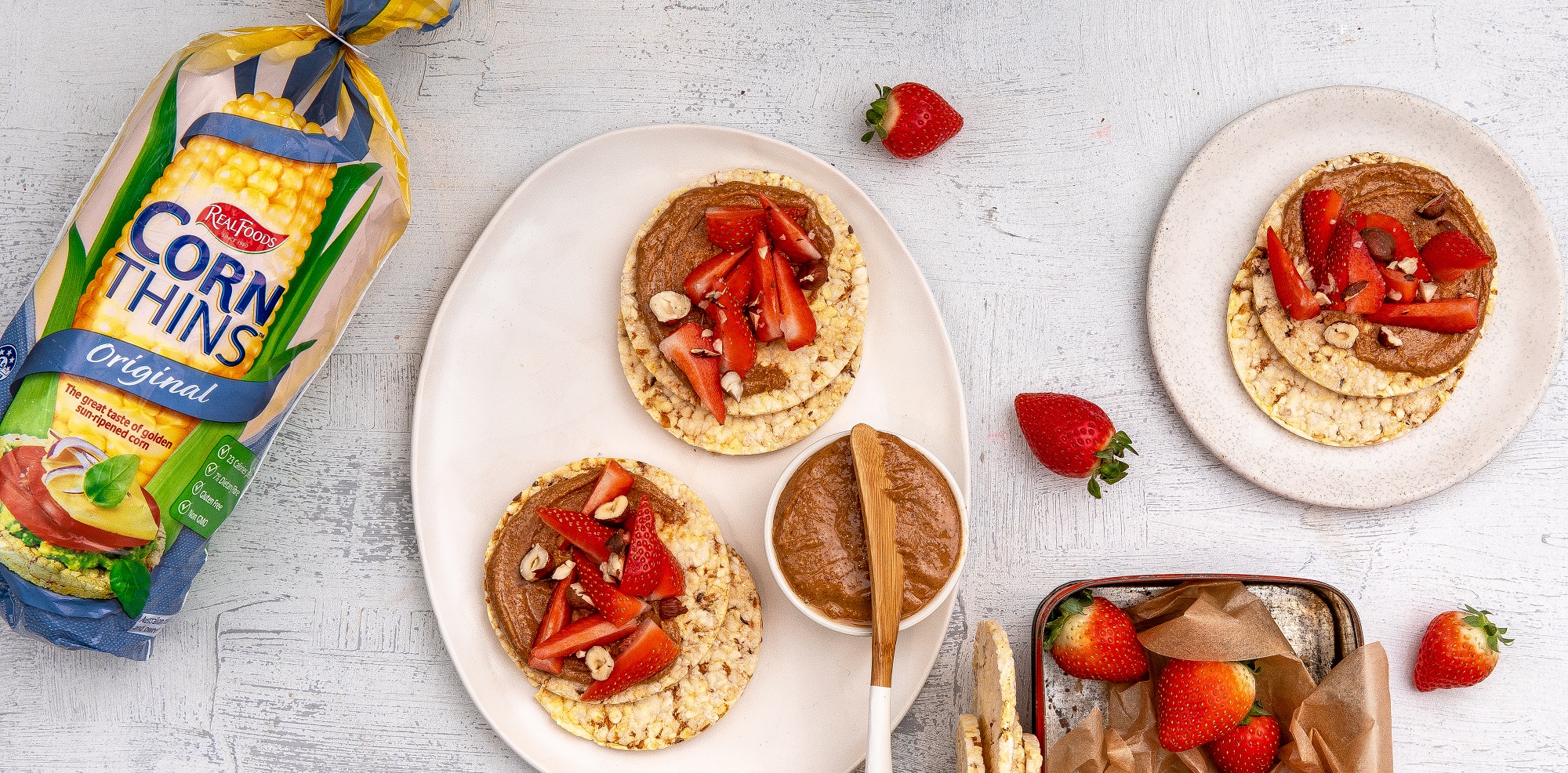 Hazelnut spread & strawberries on Corn Thins slices