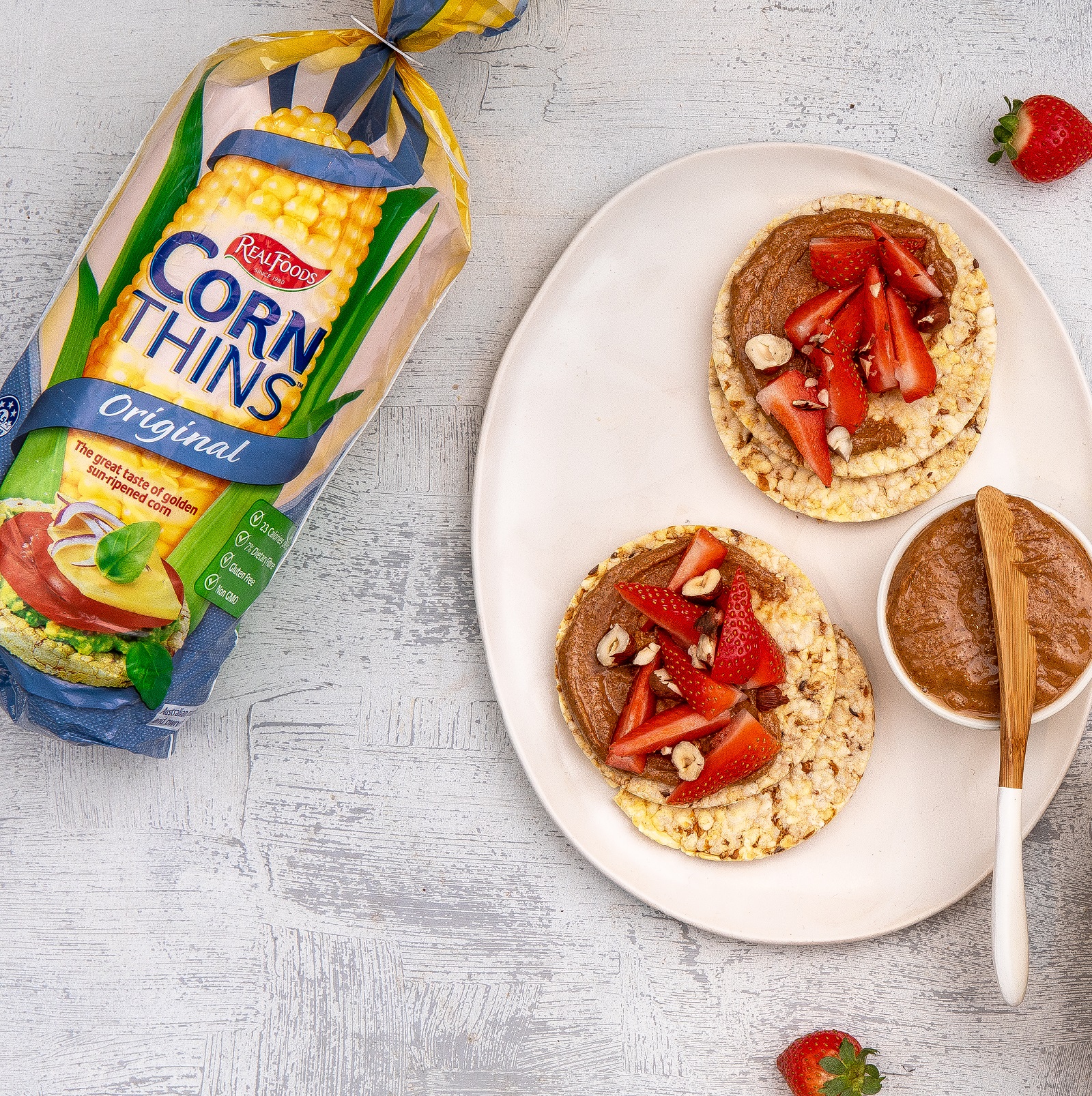 Hazelnut Butter & Strawberries on Corn Thins slices