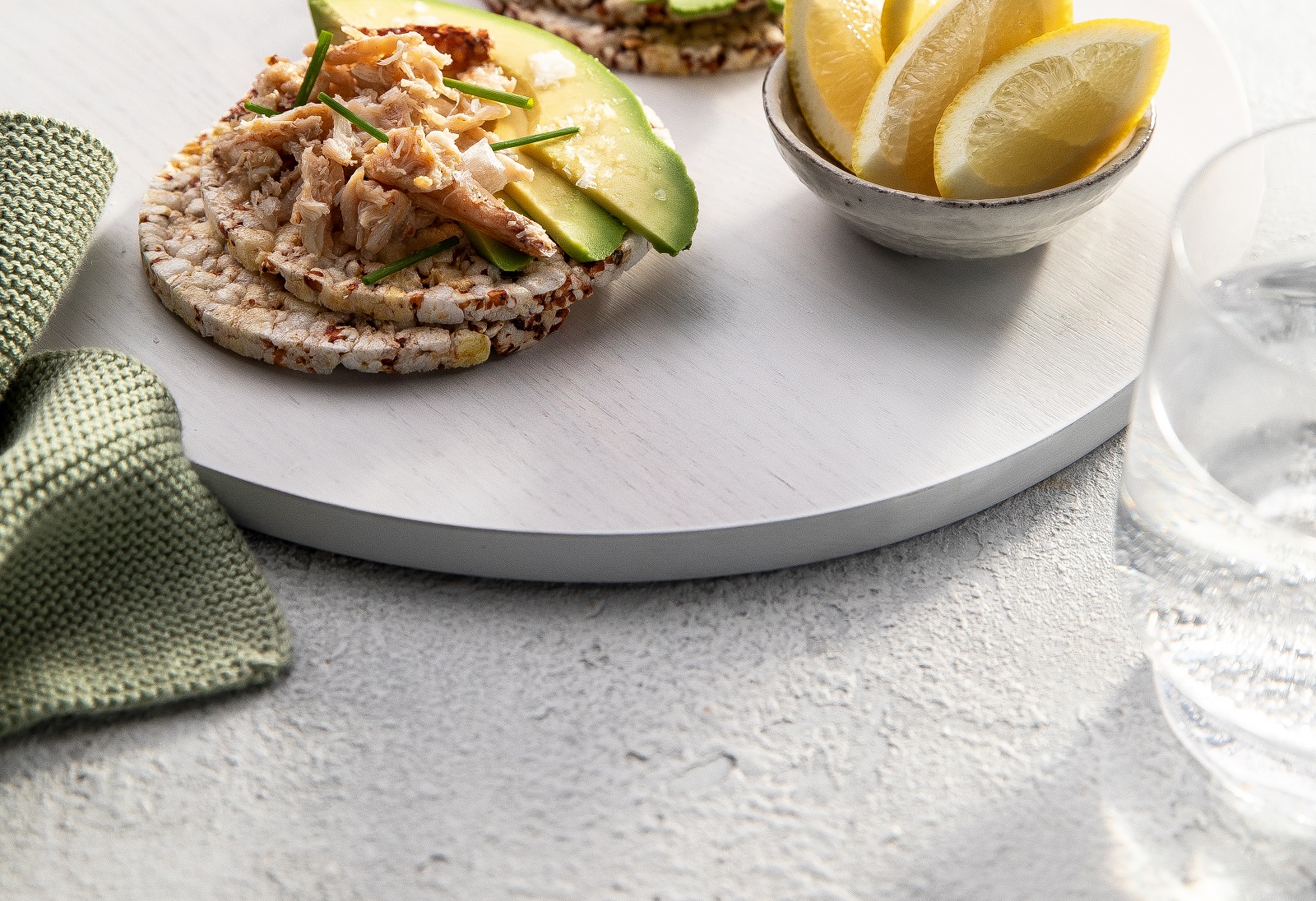 crab meat, avocado, lemon & chives on Ancient Grains slices
