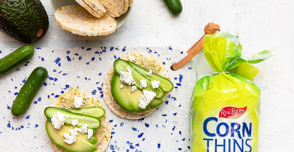 Alfalfa, cucumber, avocado & goat's cheese on Corn Thins slices