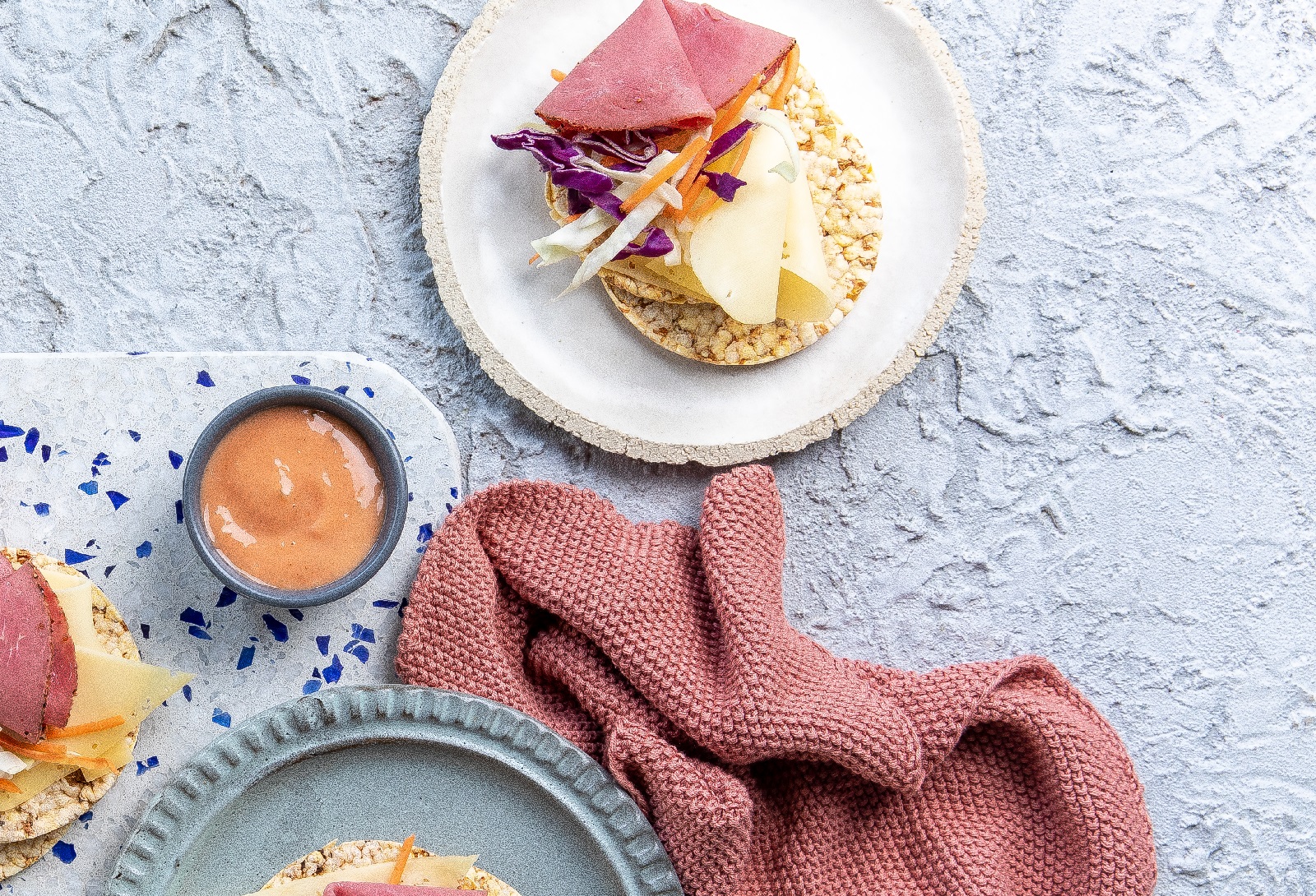 Pastrami, Swiss Cheese & Coleslaw on CORN THINS slices