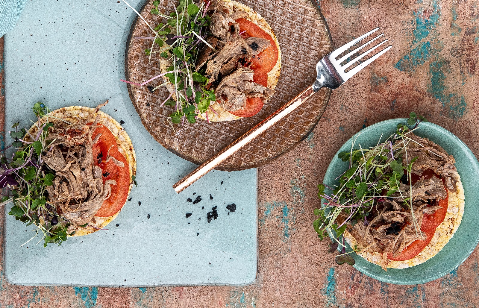 Roma Tomatoes, Micro Greens & Pulled Pork on Corn Thins slices