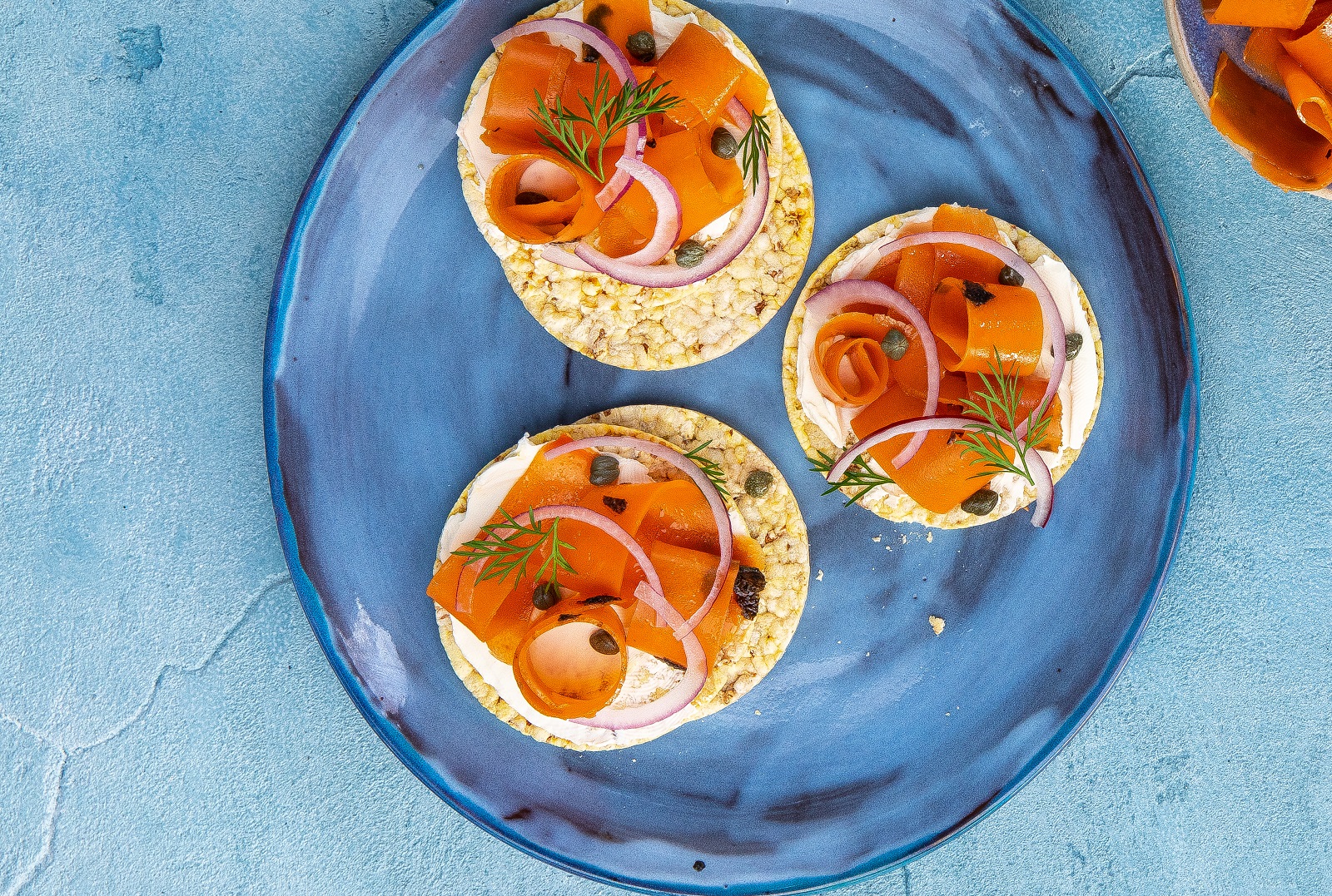 Vegan (Carrot) Lox with cream cheese on Corn Thins slices