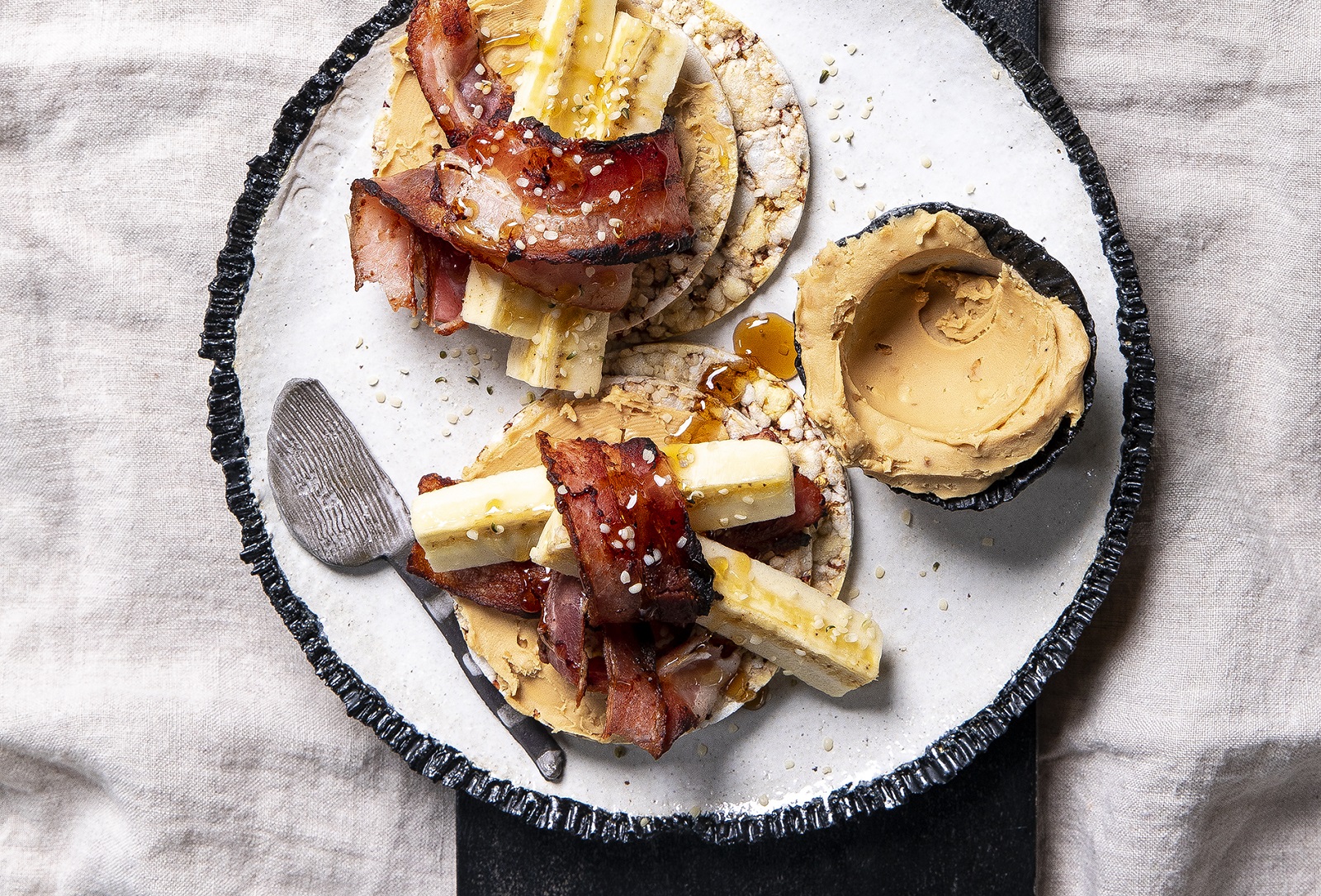 Peanut Butter, bacon, Banana & Maple on CORN THINS slices