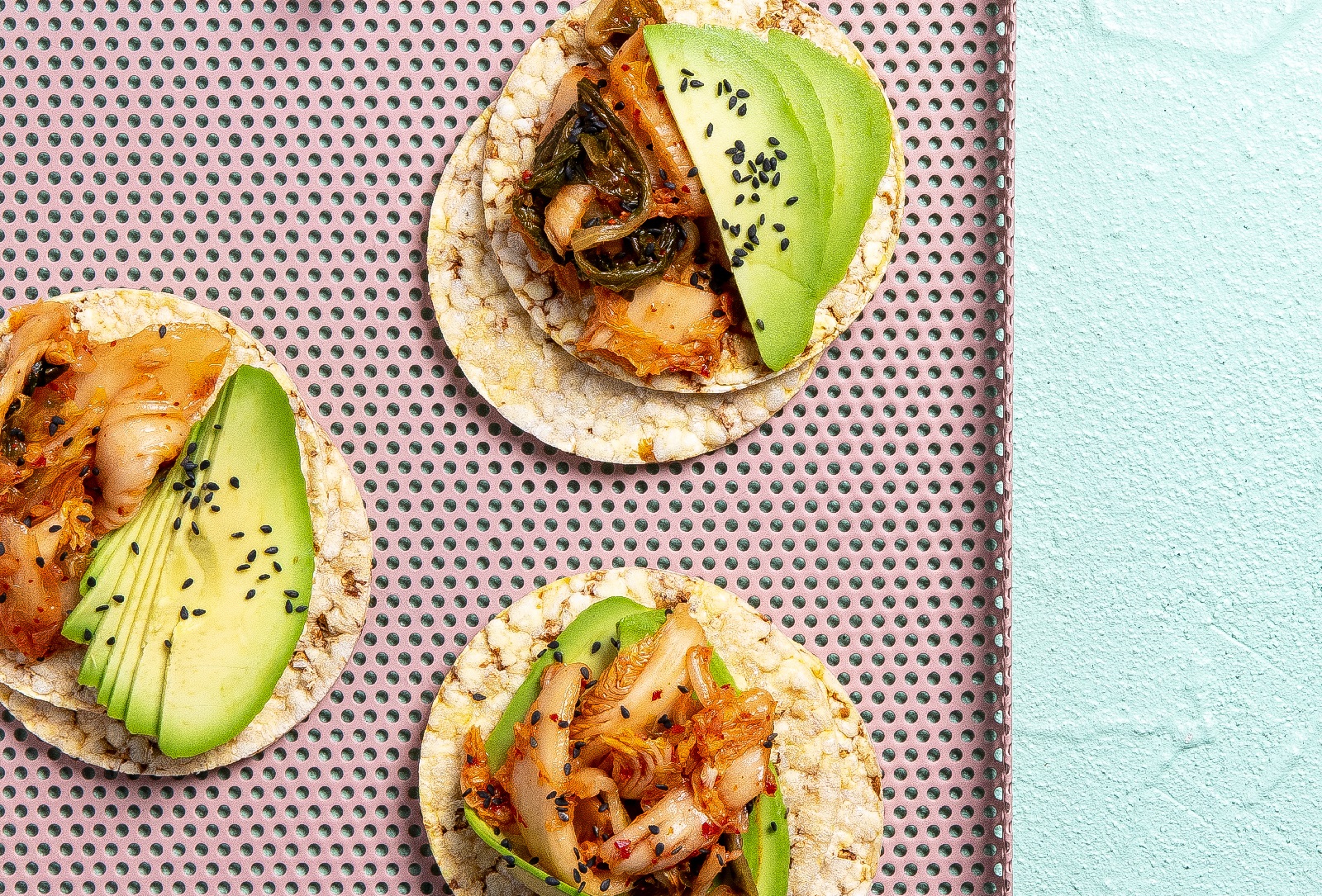 Avocado & Kimchi on Corn Thins slices