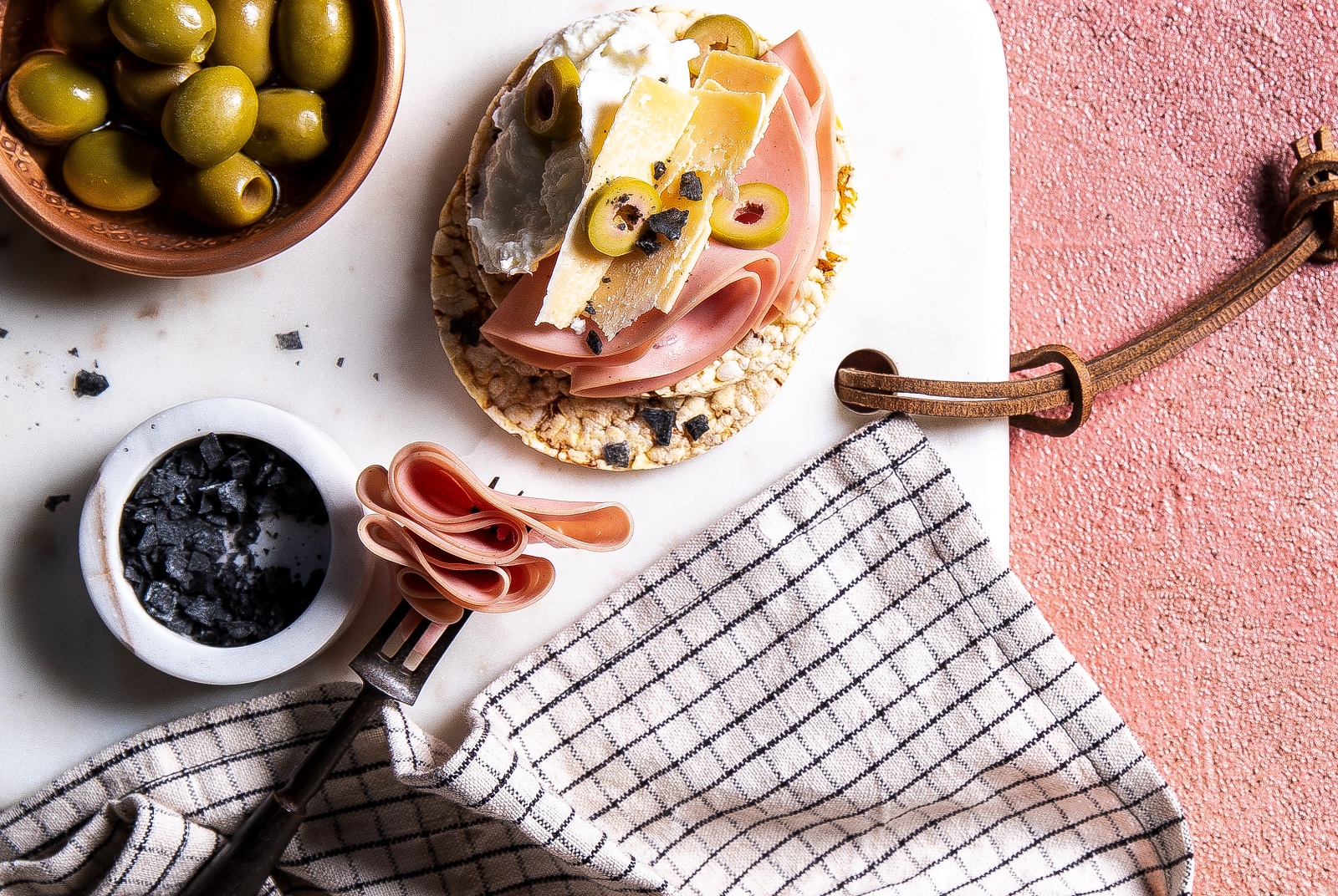 Mortadella Mozzarella, Parmesan & Olives on Corn Thins slices for lunch