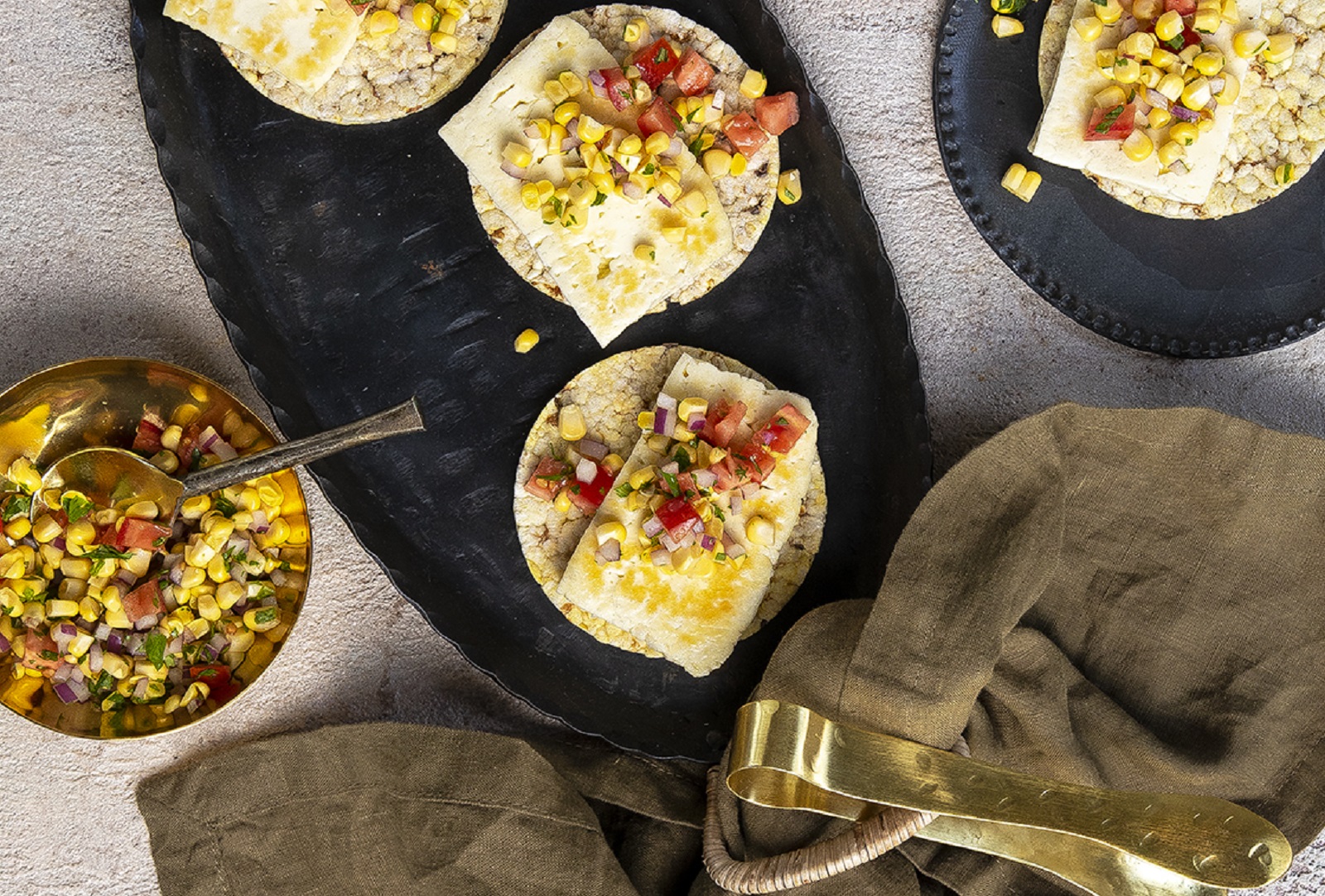 Grilled Haloumi & Corn Salsa on CORN THINS slices