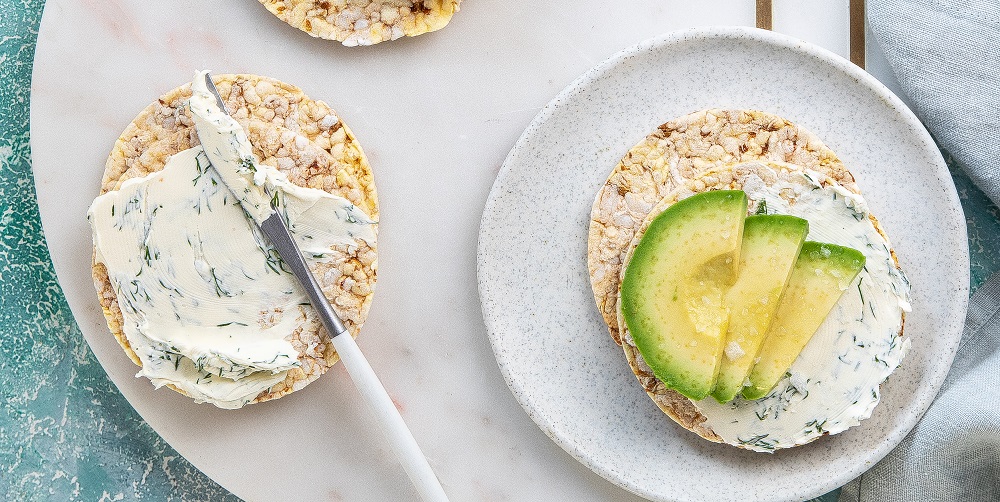 Dill cream cheese and avocado on CORN THINS slices
