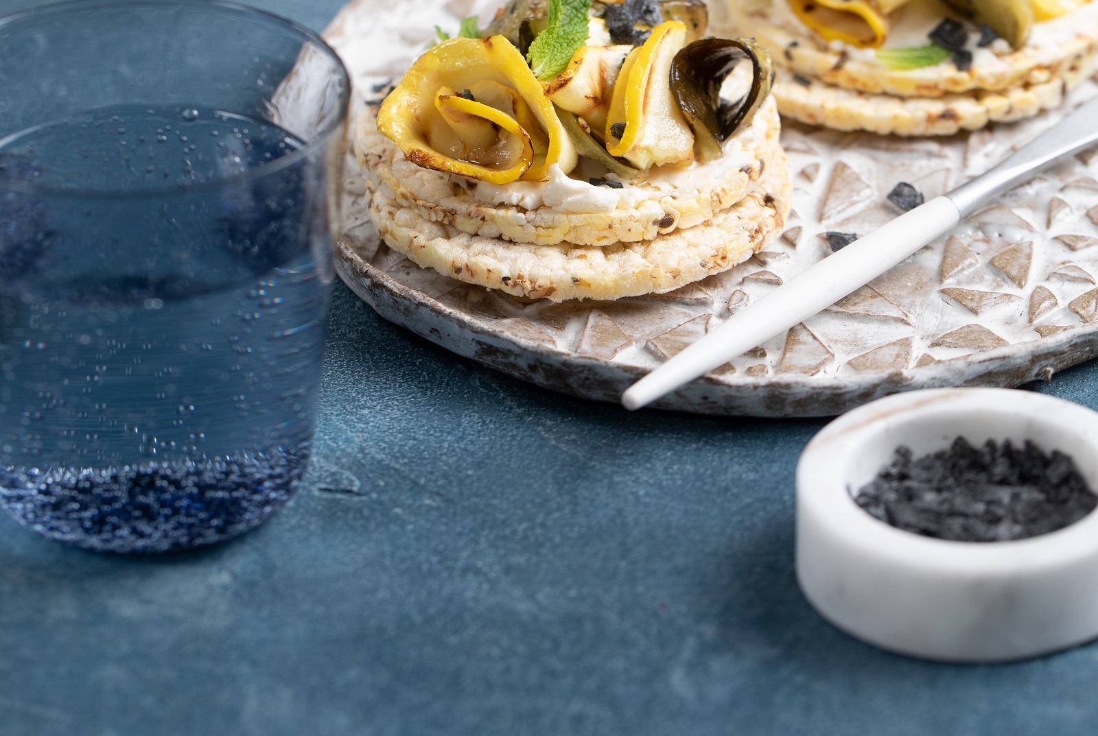 Cheese Spread, Grilled Zucchini & Squash, plus Mint on Corn Thins slices