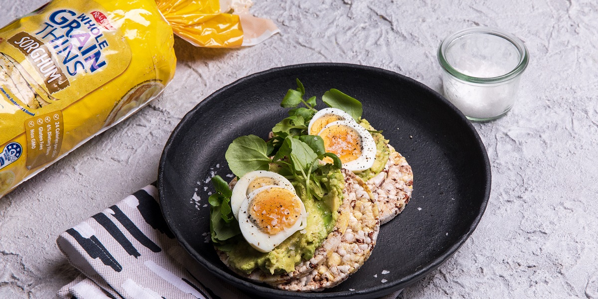 Avocado, cucumber, tofu, egg & watercress on Corn Thins slices