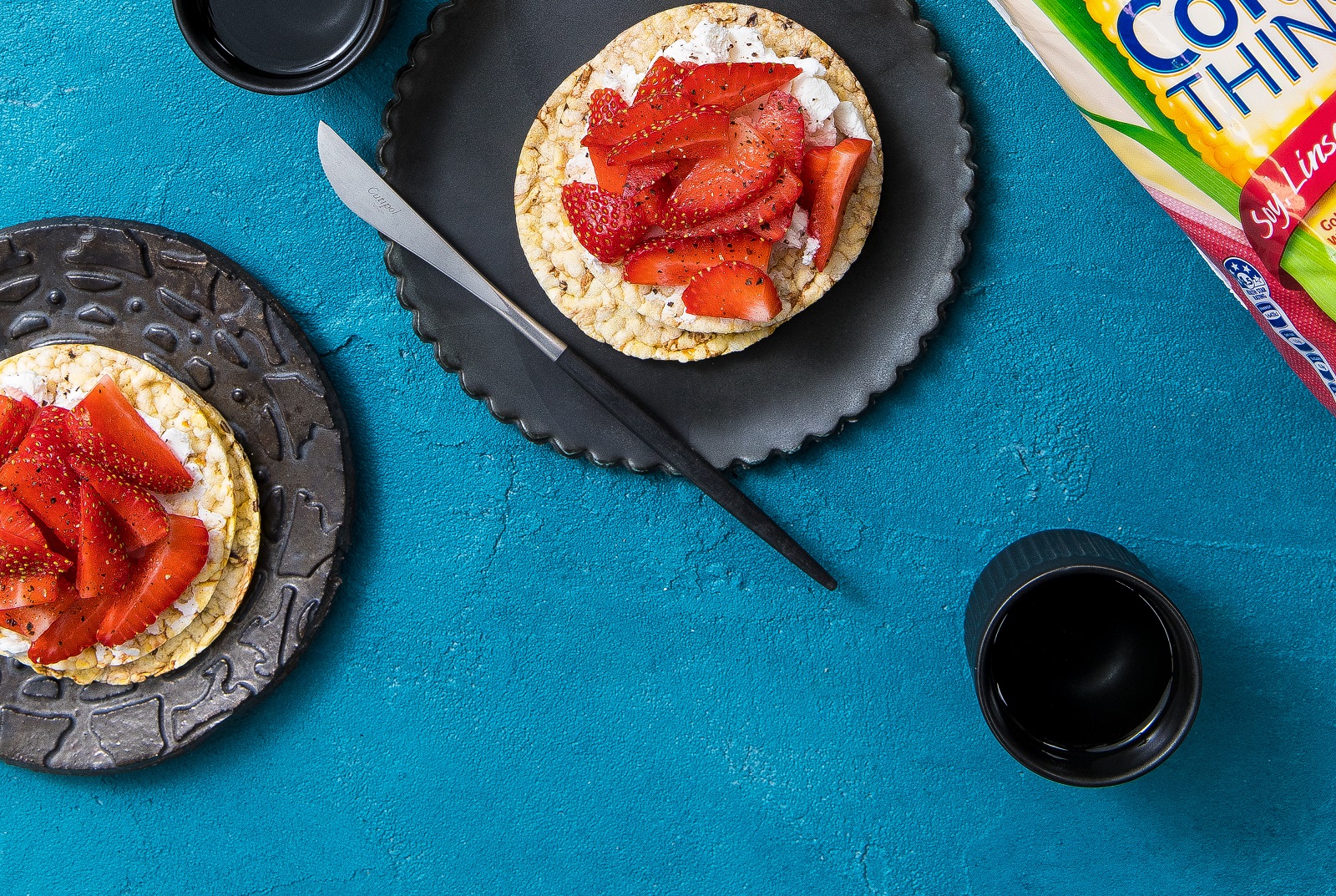 Goat's Cheese, Strawberry & Black Pepper on Corn Thins slices