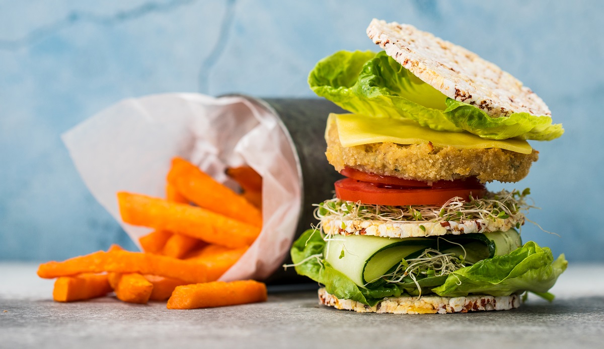 Plant based chicken burger using Corn Thins slices