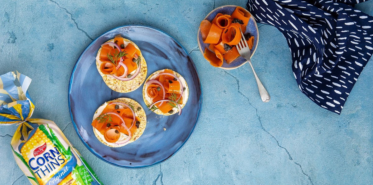 Vegan lox on Corn Thins slices