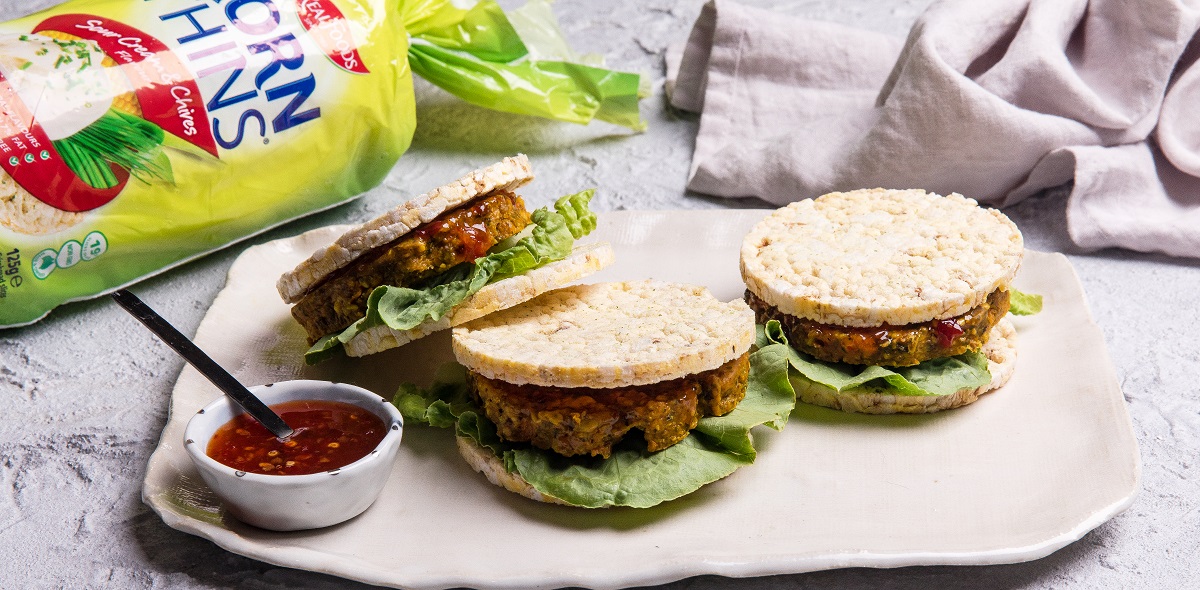 Veggie patties, lettuce & sweet chili sauce on Corn Thins slices