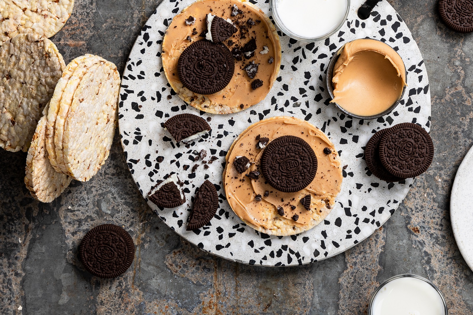 Peanut & Oreo biscuits on CORN THINS slices