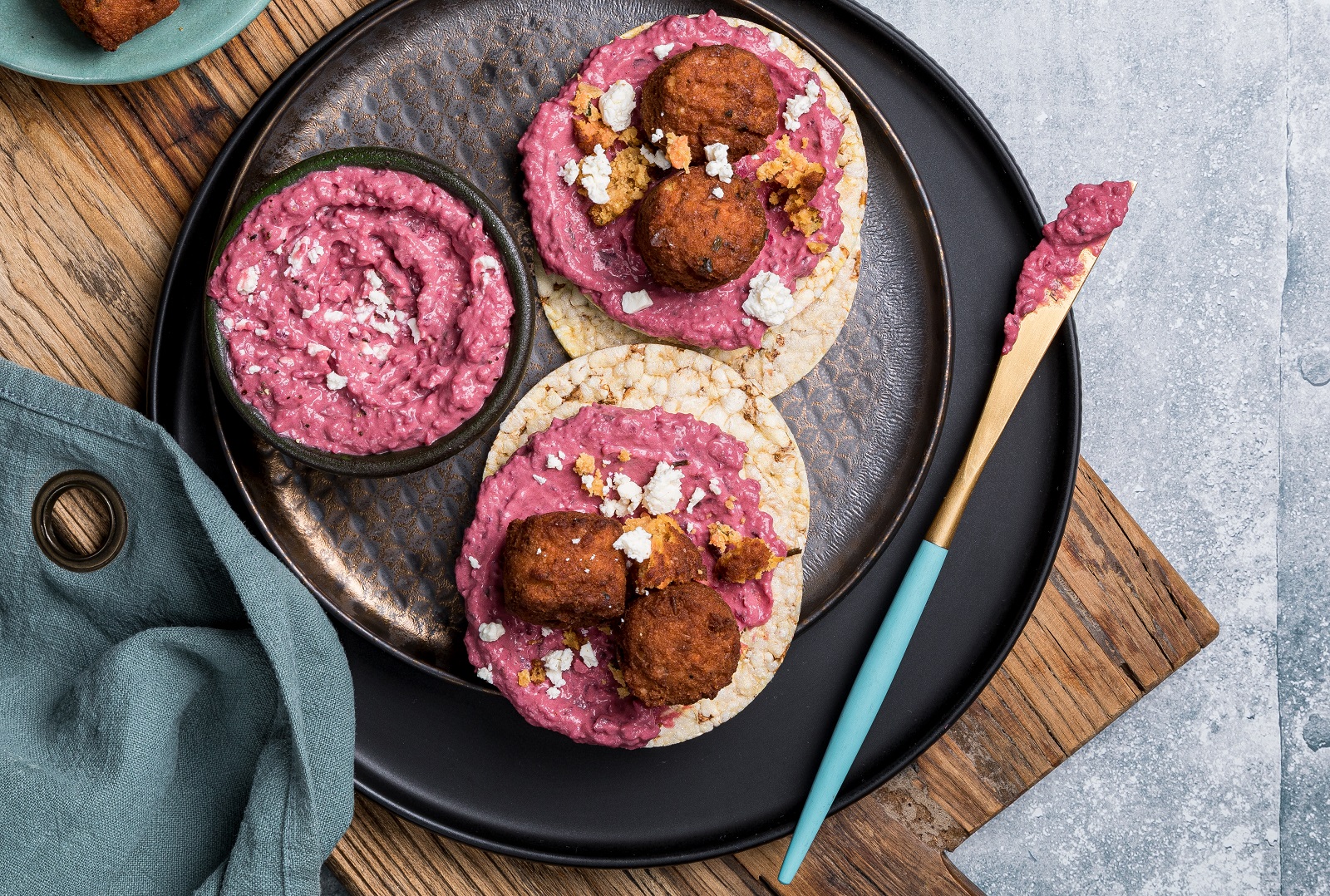 Beetroot Hommus, Veggie Bites & Feta on Corn Thins slices