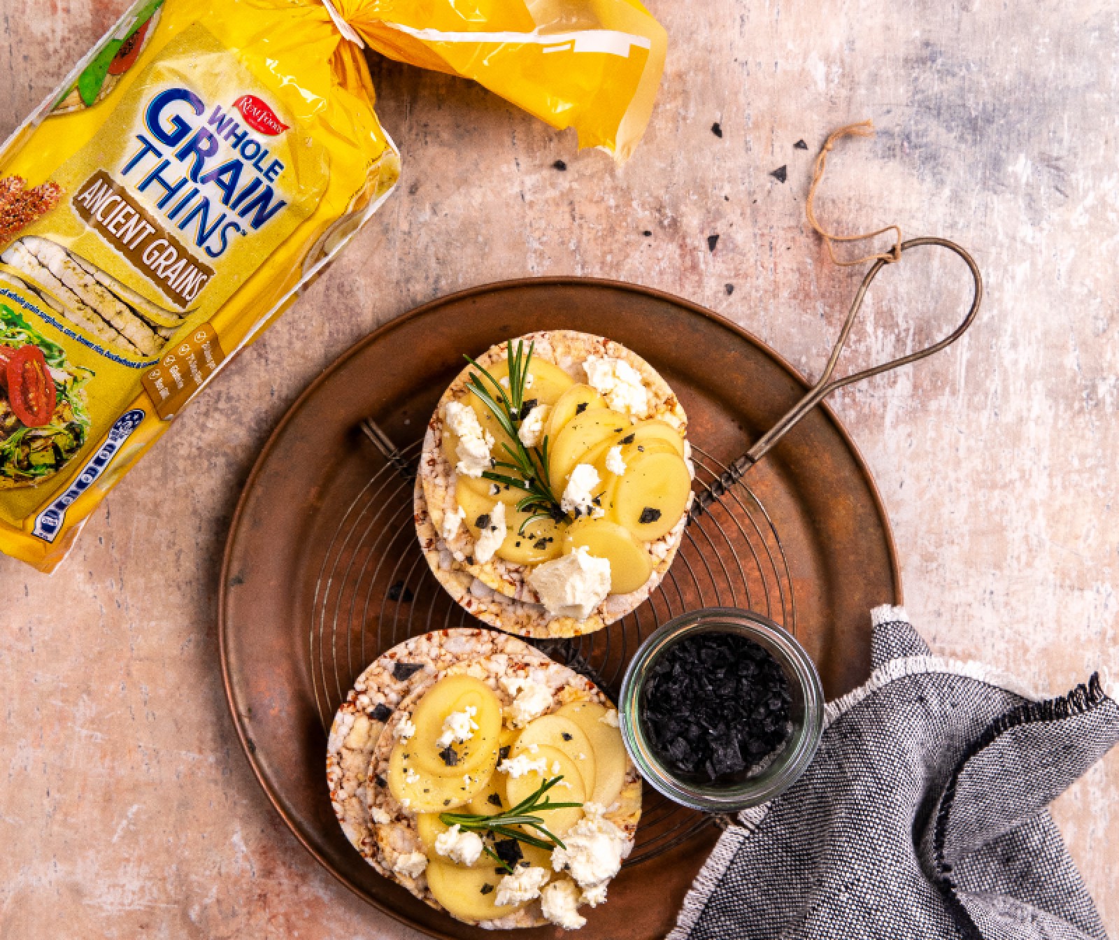 Potato, Rosemary & Goats Cheese on Corn Thins slices