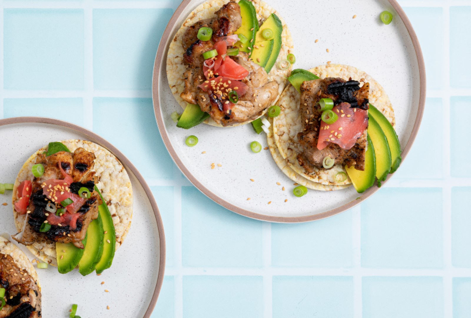 Avocado, Teriyaki Chicken, Pickled Ginger & Sesame Seeds on Corn Thins slices