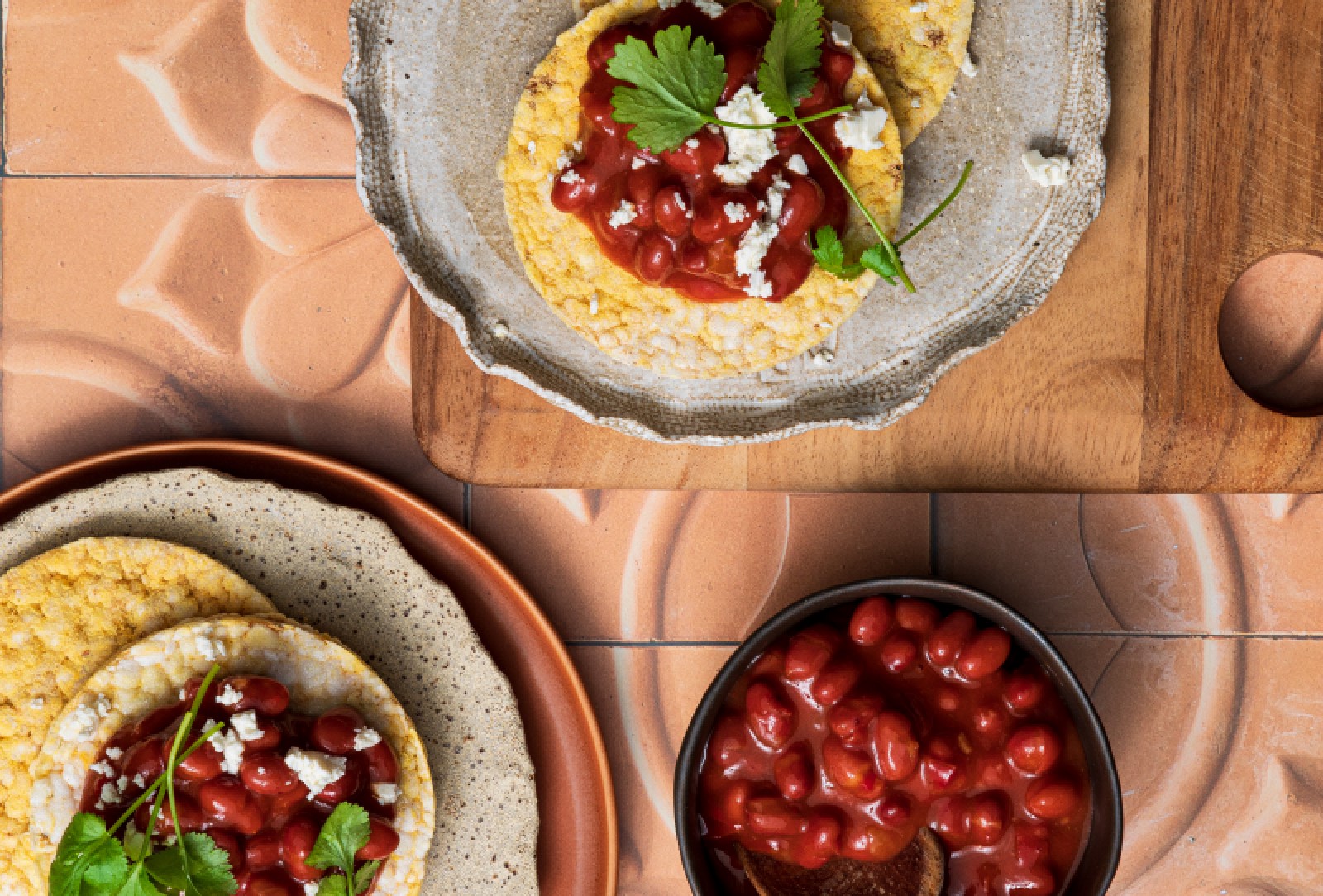 Chilli Beans, Feta & Coriander on Corn Thins slices