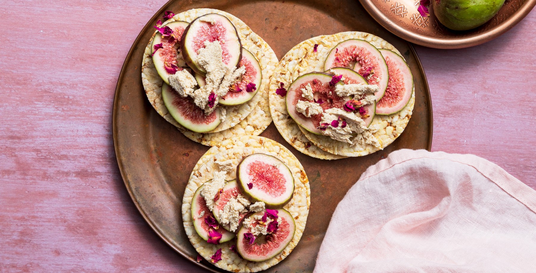 Fig, Halva & Rose Petals on Corn Thins slices